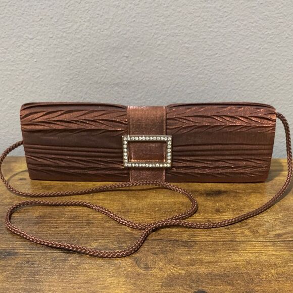 Metallic Bronze Fabric Evening Bag With Strap And Rhinestone Buckle On The Front - Picture 1 of 4